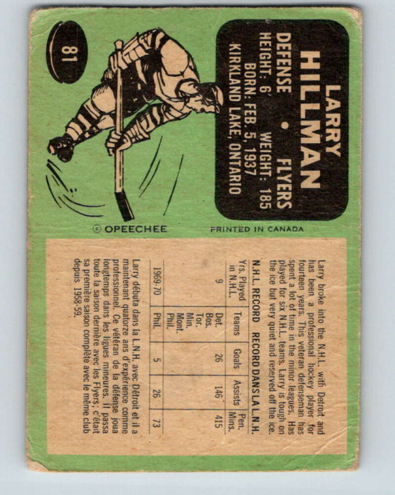 1970-71 O-Pee-Chee #81 Larry Hillman Philadelphia Flyers V2598