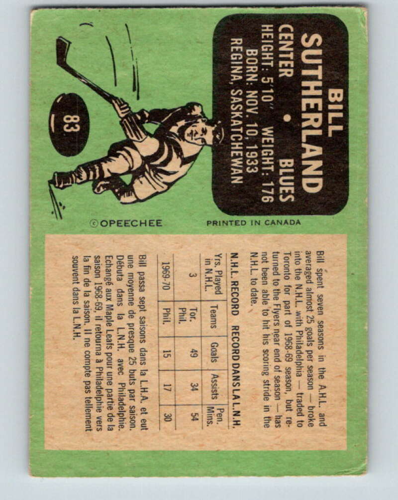 1970-71 O-Pee-Chee #83 Bill Sutherland St. Louis Blues V2601