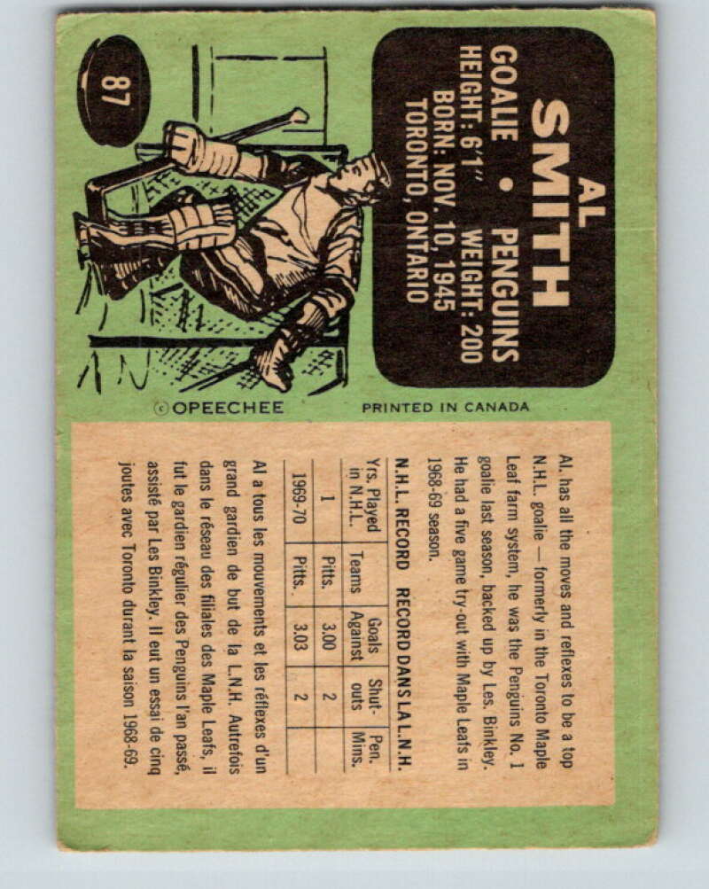 1970-71 O-Pee-Chee #87 Al Smith RC Rookie Pittsburgh Penguins V2605