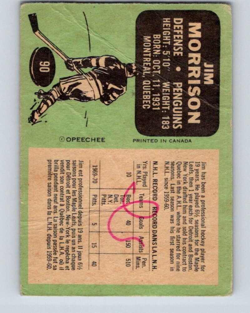 1970-71 O-Pee-Chee #90 Jim Morrison Pittsburgh Penguins V2611
