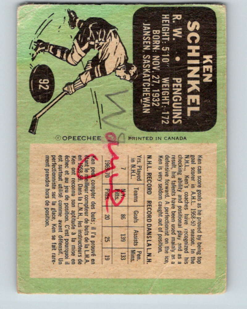 1970-71 O-Pee-Chee #92 Ken Schinkel Pittsburgh Penguins V2616