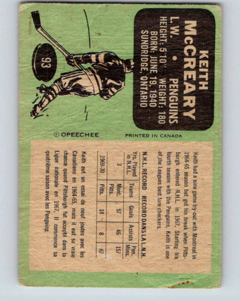 1970-71 O-Pee-Chee #93 Keith McCreary Pittsburgh Penguins V2618
