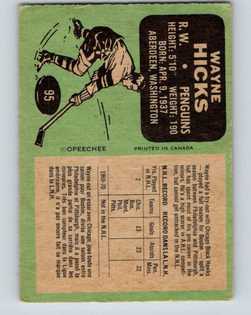 1970-71 O-Pee-Chee #95 Wayne Hicks RC Rookie Pittsburgh Penguins V2622
