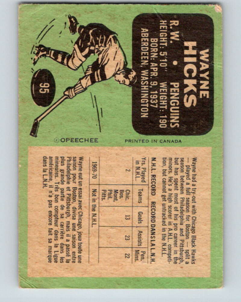 1970-71 O-Pee-Chee #95 Wayne Hicks RC Rookie Pittsburgh Penguins V2624