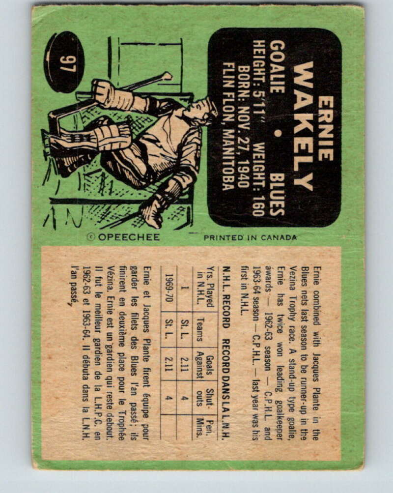 1970-71 O-Pee-Chee #97 Ernie Wakely RC Rookie St. Louis Blues V2627
