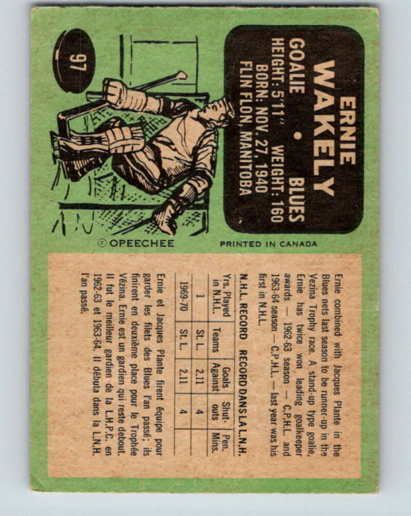 1970-71 O-Pee-Chee #97 Ernie Wakely RC Rookie St. Louis Blues V2628