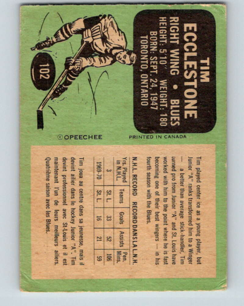 1970-71 O-Pee-Chee #102 Tim Ecclestone St. Louis Blues V2639