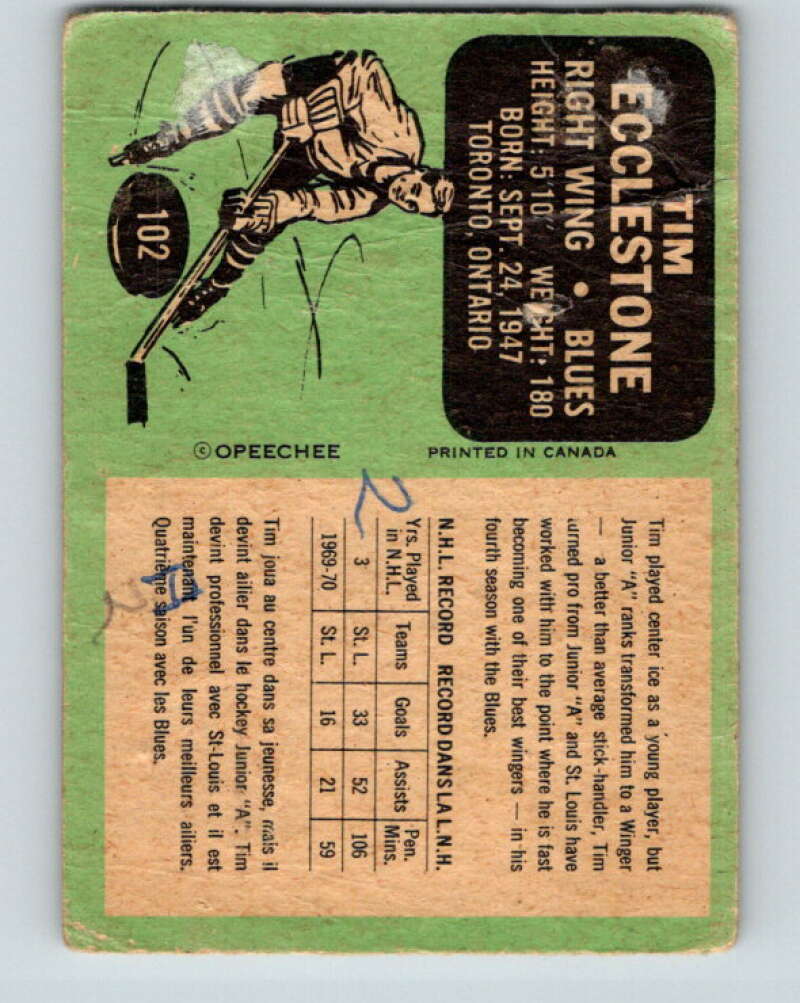 1970-71 O-Pee-Chee #102 Tim Ecclestone St. Louis Blues V2641