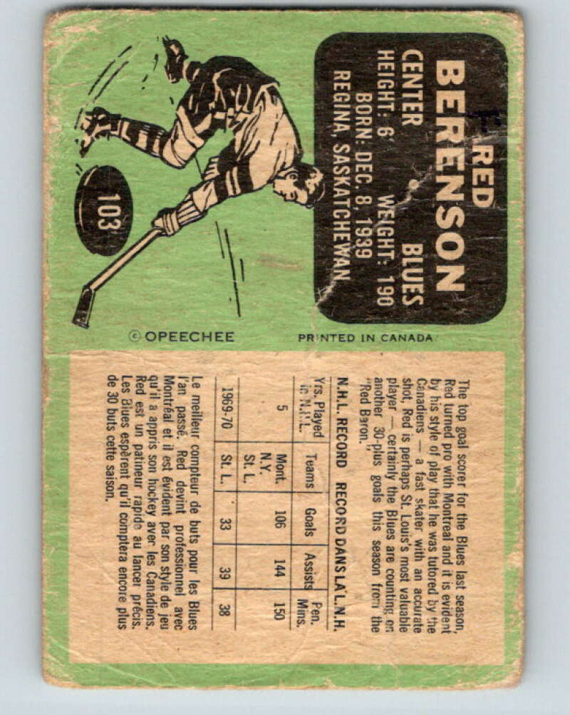 1970-71 O-Pee-Chee #103 Red Berenson St. Louis Blues V2643