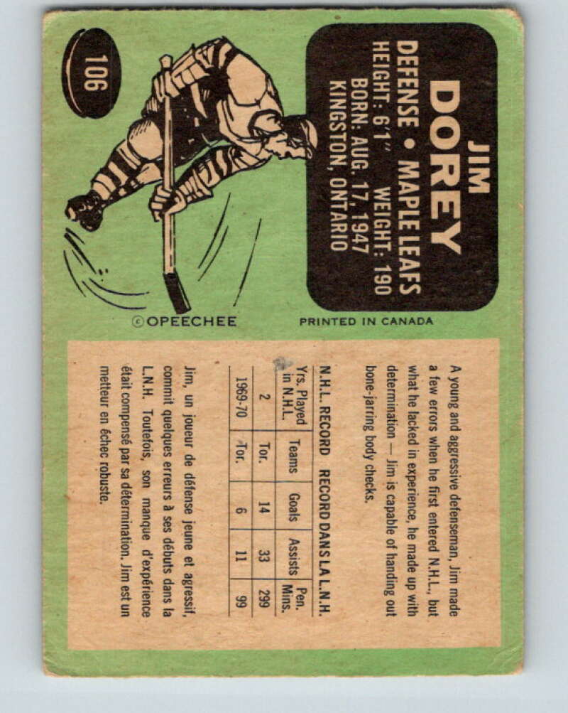 1970-71 O-Pee-Chee #106 Jim Dorey Toronto Maple Leafs V2652