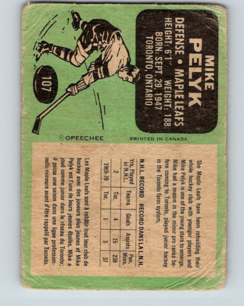 1970-71 O-Pee-Chee #107 Mike Pelyk RC Rookie Toronto Maple Leafs V2654