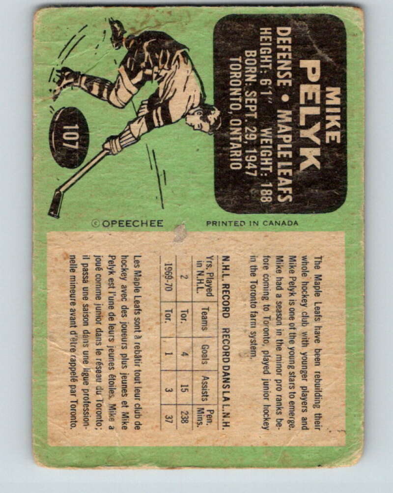 1970-71 O-Pee-Chee #107 Mike Pelyk RC Rookie Toronto Maple Leafs V2655