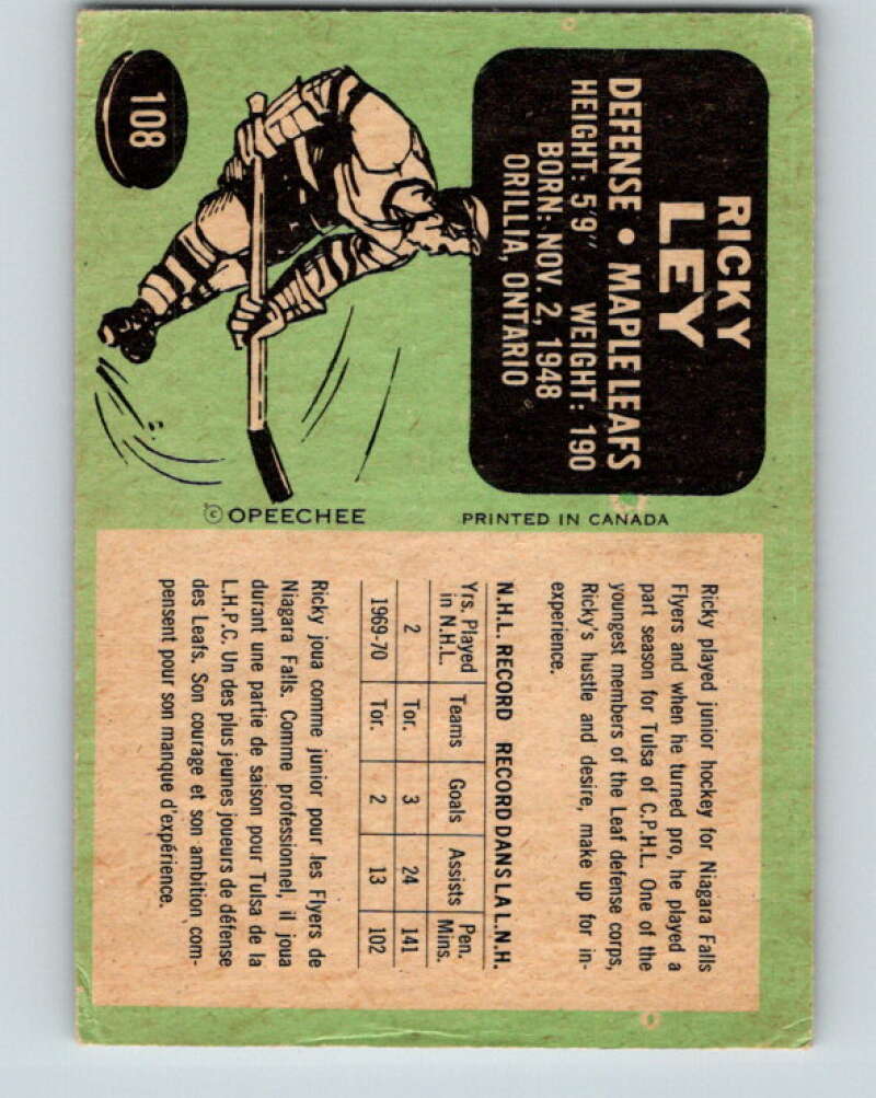 1970-71 O-Pee-Chee #108 Rick Ley Toronto Maple Leafs V2657