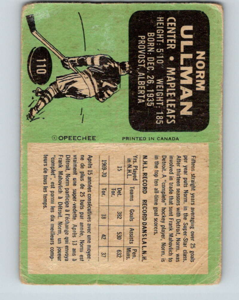 1970-71 O-Pee-Chee #110 Norm Ullman Toronto Maple Leafs V2663