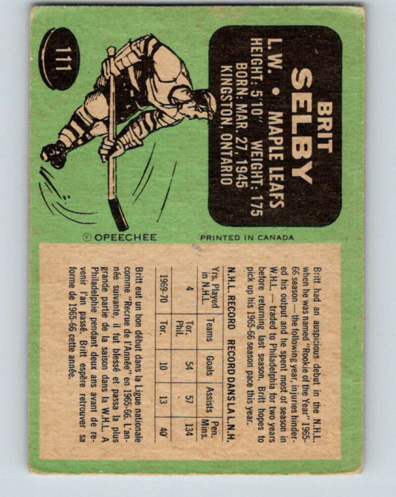 1970-71 O-Pee-Chee #111 Brit Selby Toronto Maple Leafs V2664