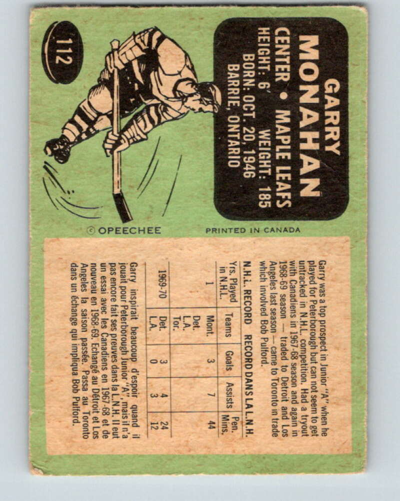 1970-71 O-Pee-Chee #112 Garry Monahan Toronto Maple Leafs V2665
