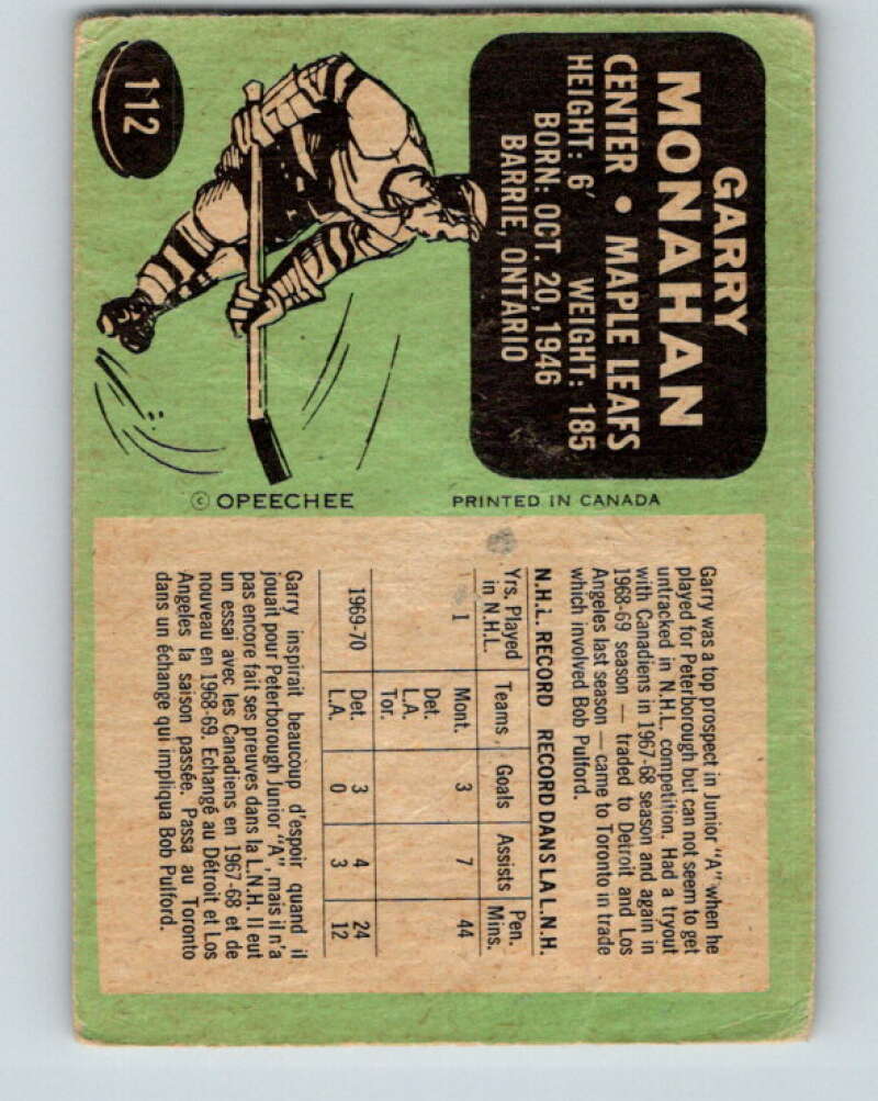 1970-71 O-Pee-Chee #112 Garry Monahan Toronto Maple Leafs V2666
