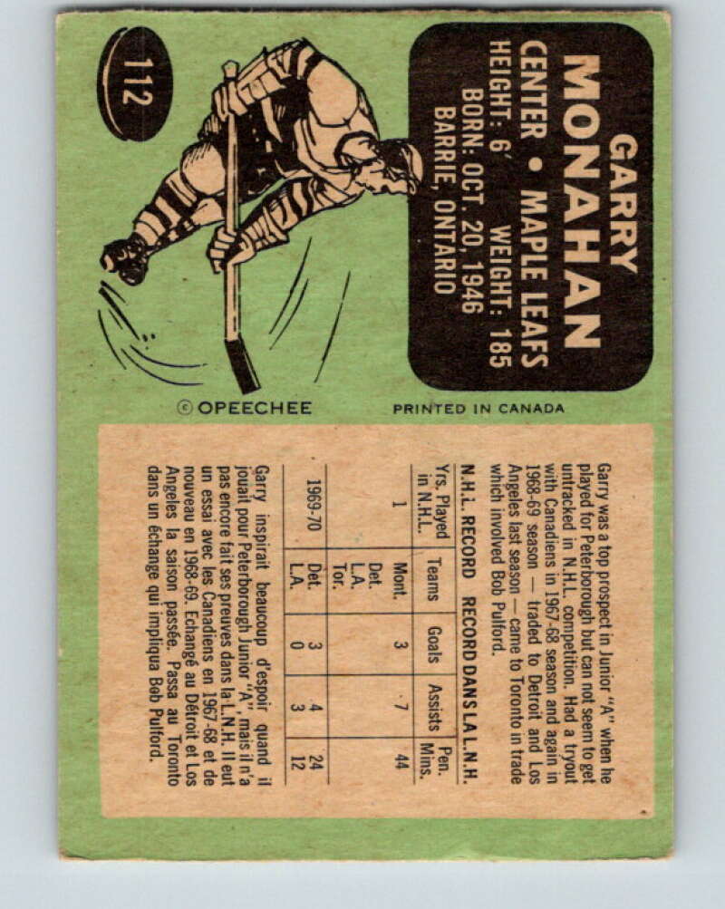 1970-71 O-Pee-Chee #112 Garry Monahan Toronto Maple Leafs V2667