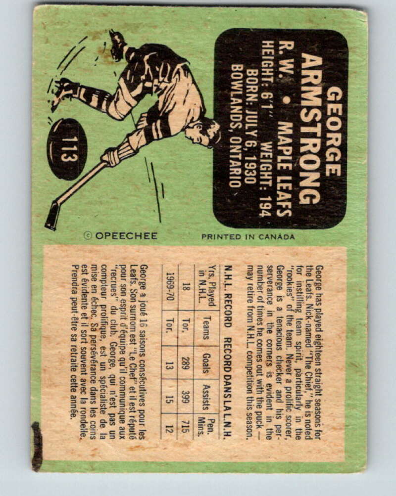 1970-71 O-Pee-Chee #113 George Armstrong Toronto Maple Leafs V2669