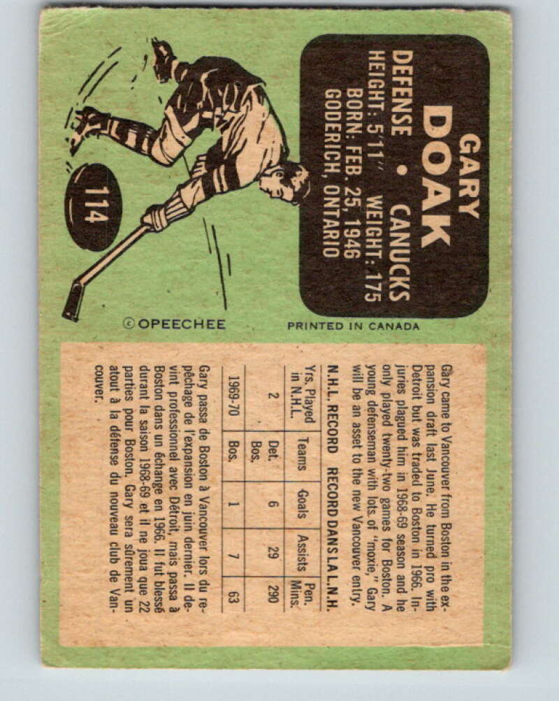1970-71 O-Pee-Chee #114 Gary Doak Vancouver Canucks V2671