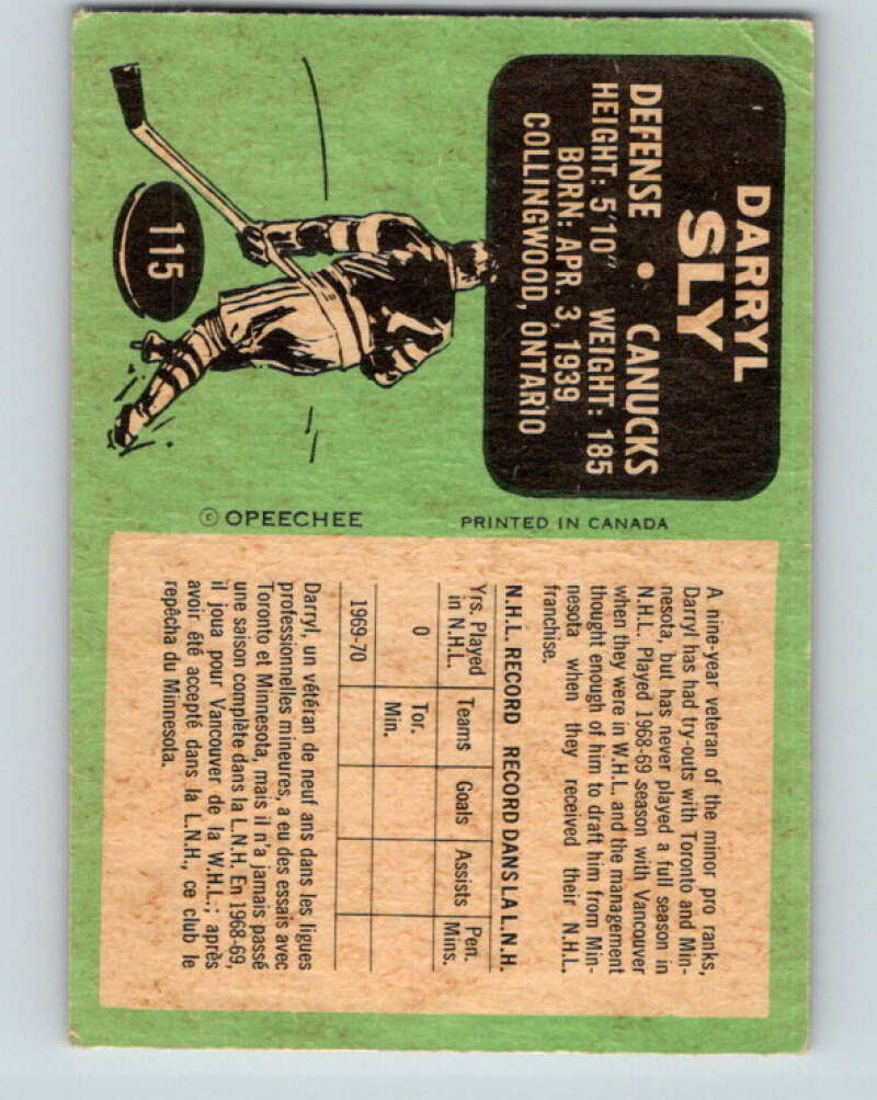 1970-71 O-Pee-Chee #115 Darryl Sly RC Rookie Vancouver Canucks V2672