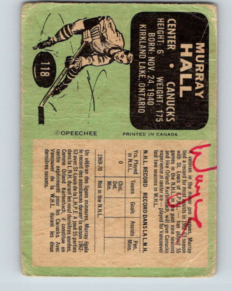 1970-71 O-Pee-Chee #118 Murray Hall Vancouver Canucks V2676