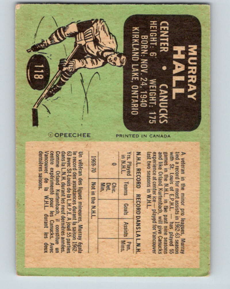 1970-71 O-Pee-Chee #118 Murray Hall Vancouver Canucks V2678