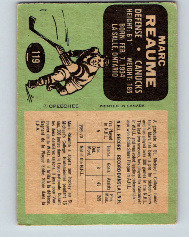 1970-71 O-Pee-Chee #119 Marc Reaume Vancouver Canucks V2679