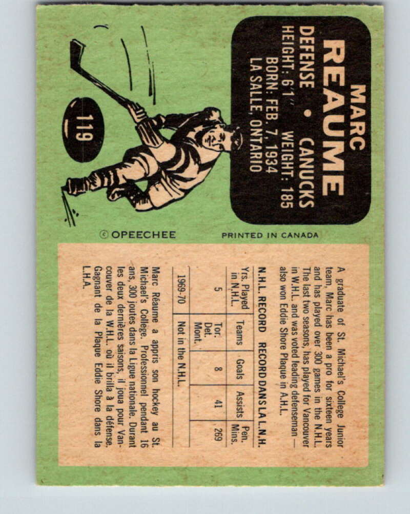 1970-71 O-Pee-Chee #119 Marc Reaume Vancouver Canucks V2680