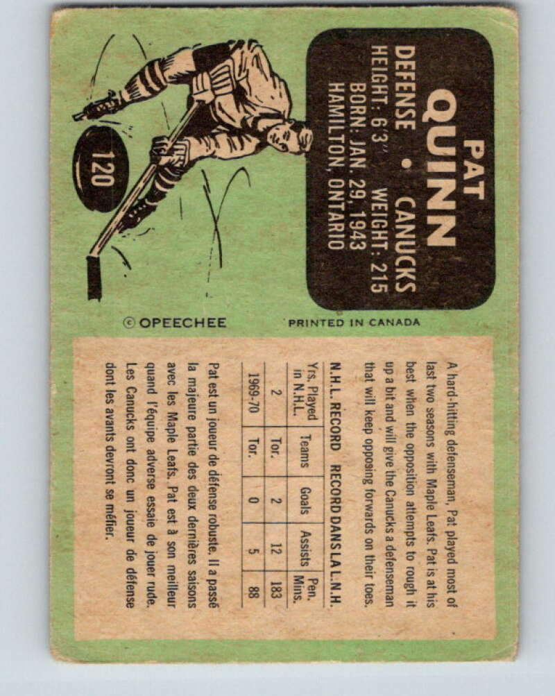 1970-71 O-Pee-Chee #120 Pat Quinn Vancouver Canucks V2681