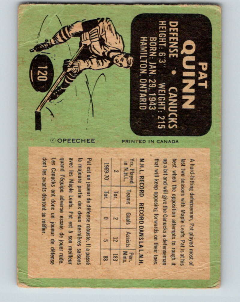 1970-71 O-Pee-Chee #120 Pat Quinn Vancouver Canucks V2682