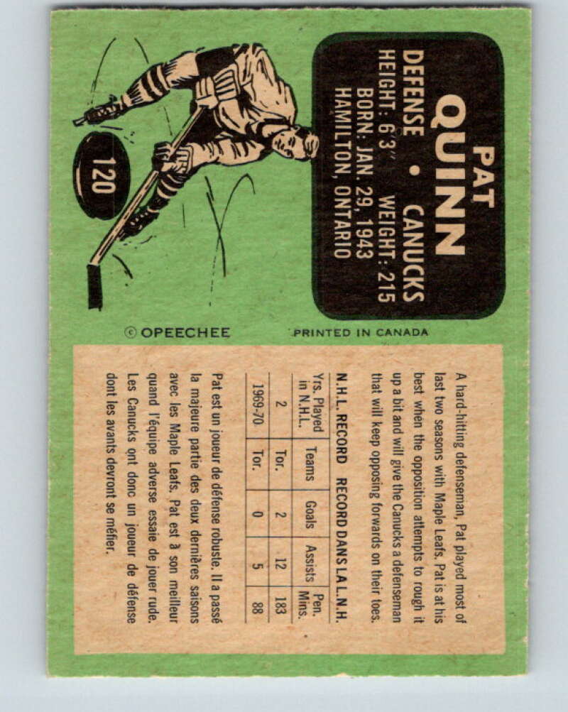 1970-71 O-Pee-Chee #120 Pat Quinn Vancouver Canucks V2683