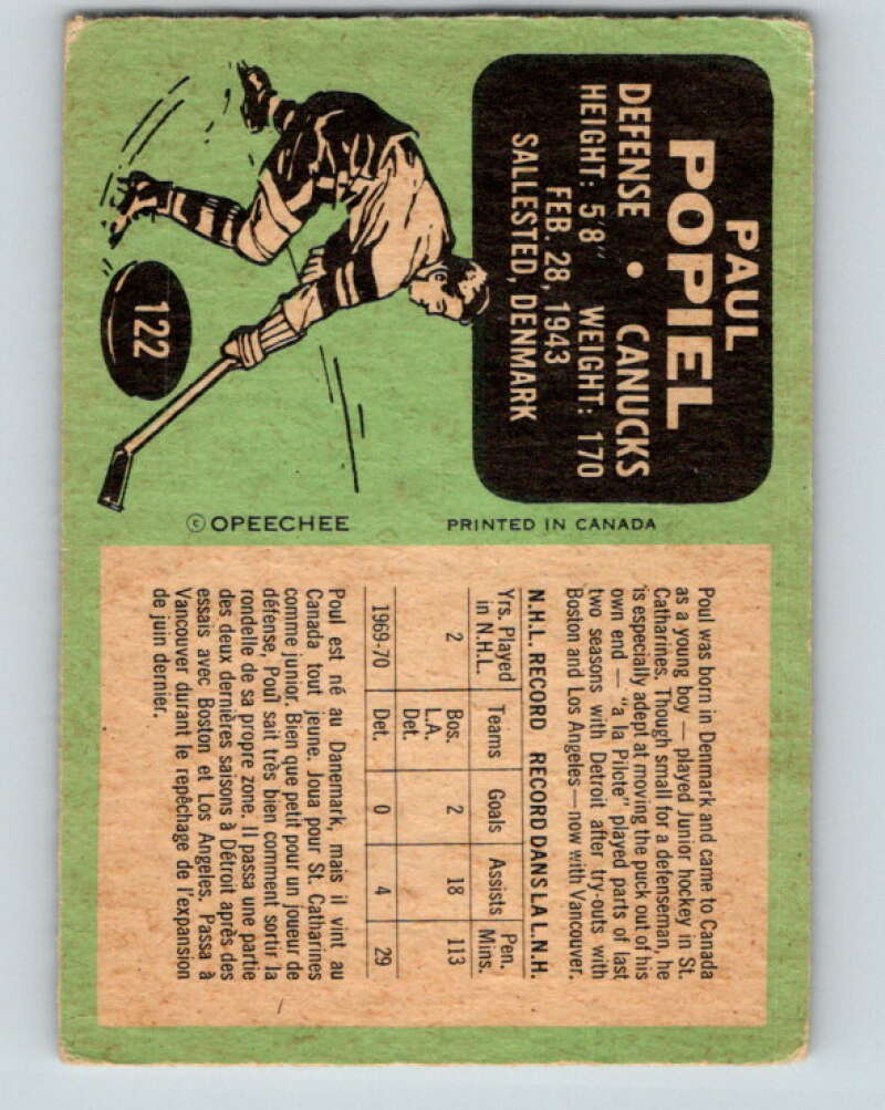 1970-71 O-Pee-Chee #122 Poul Popiel UER Vancouver Canucks V2685