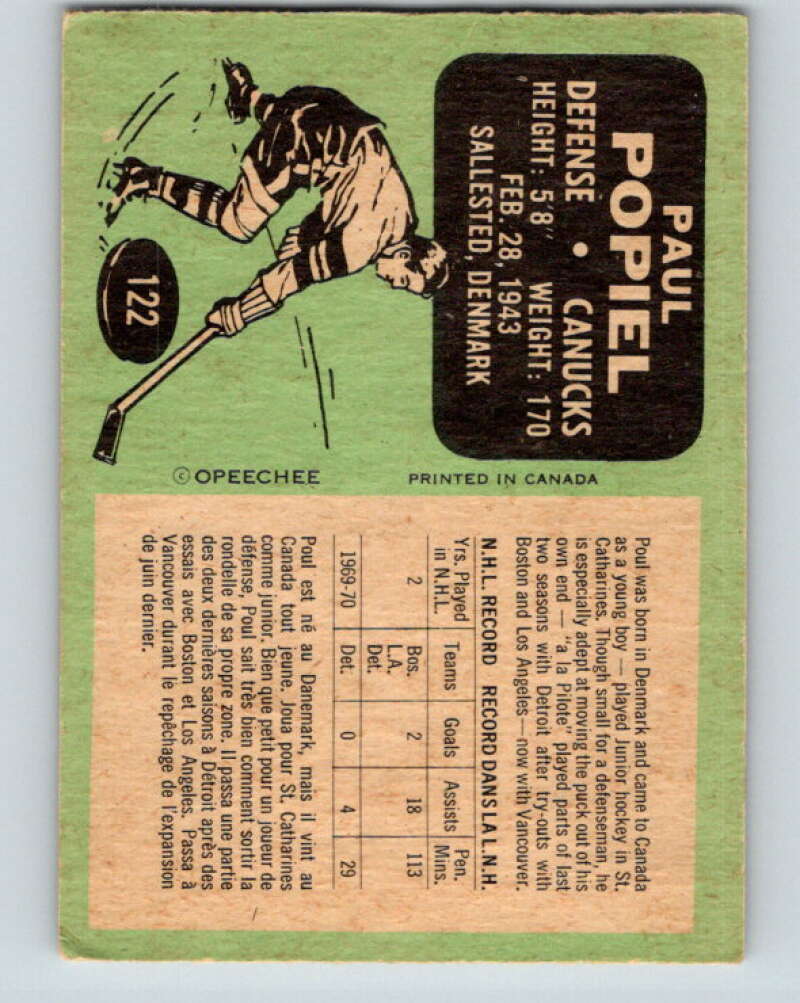1970-71 O-Pee-Chee #122 Poul Popiel UER Vancouver Canucks V2686