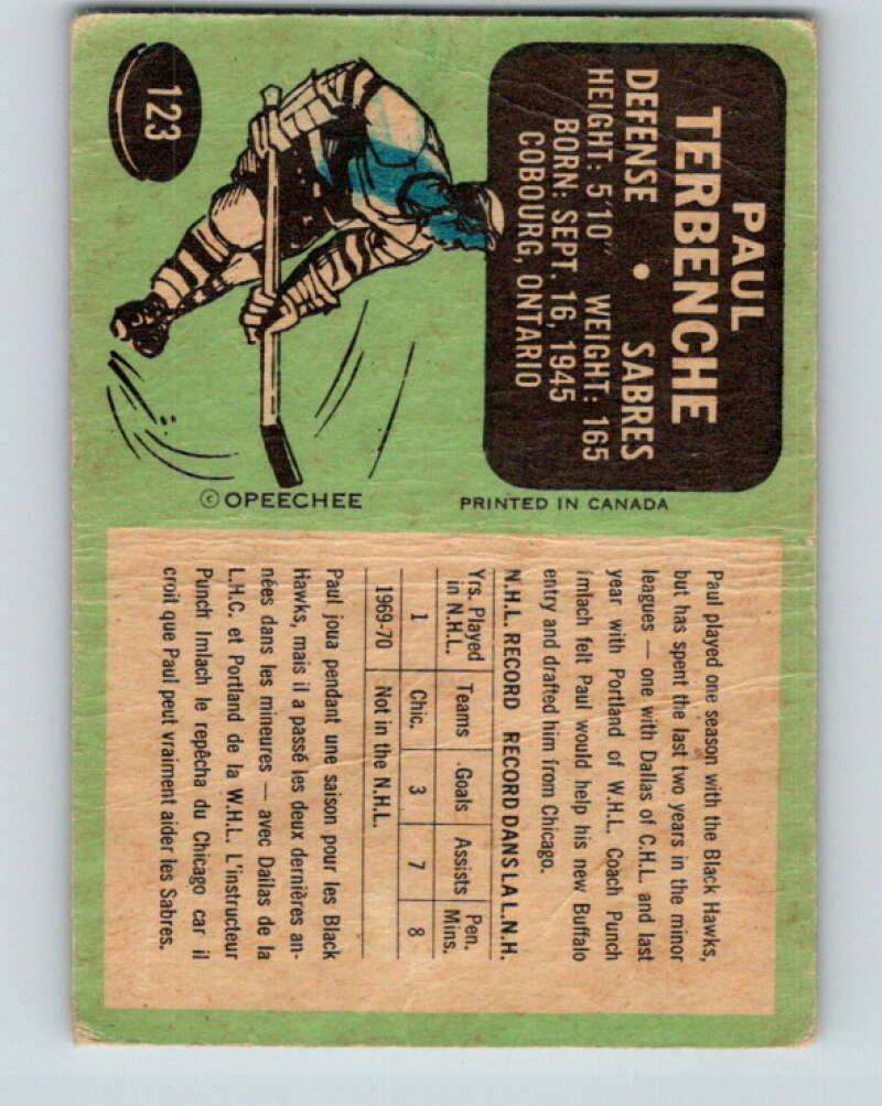 1970-71 O-Pee-Chee #123 Paul Terbenche Buffalo Sabres V2687
