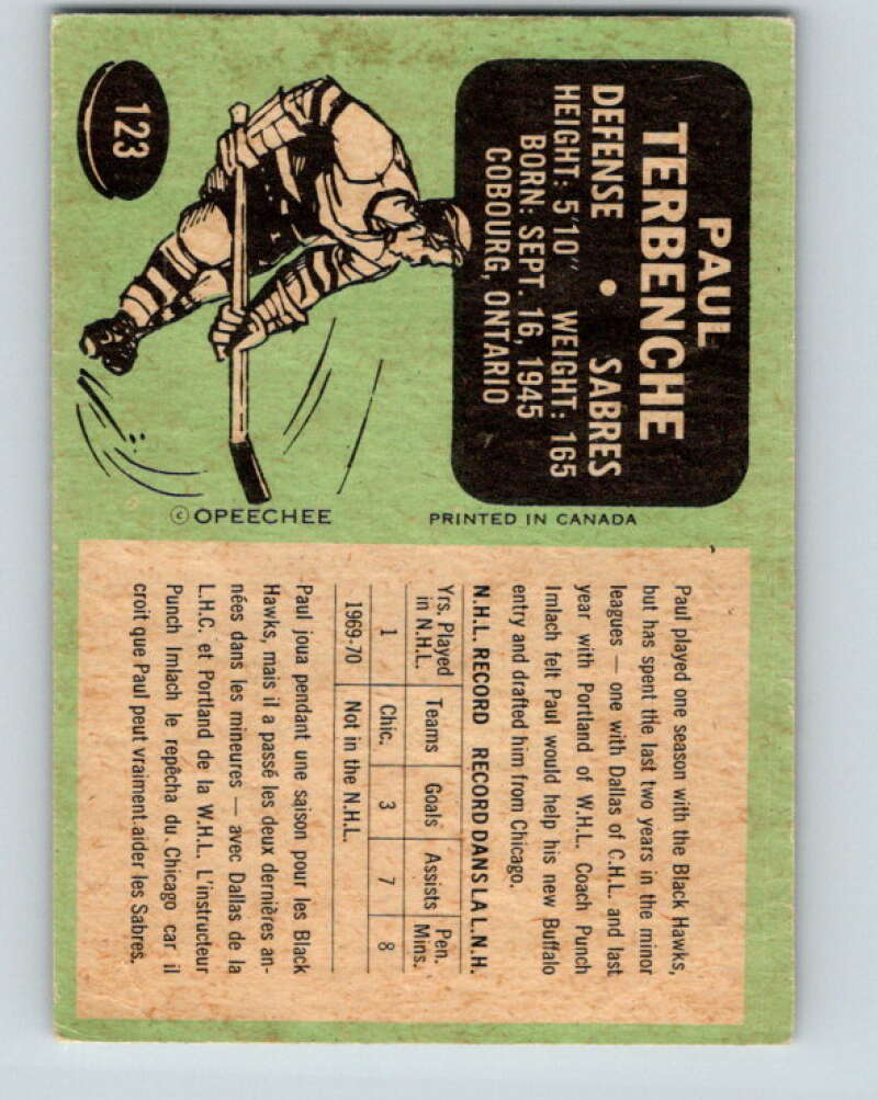 1970-71 O-Pee-Chee #123 Paul Terbenche Buffalo Sabres V2688
