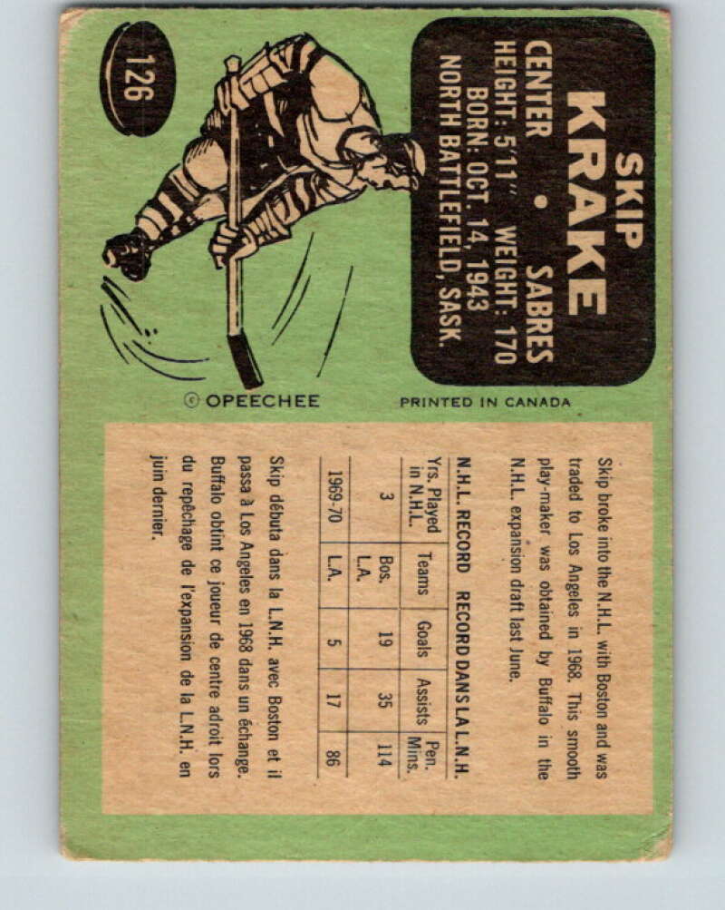1970-71 O-Pee-Chee #126 Skip Krake Buffalo Sabres V2692