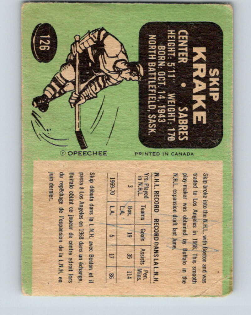 1970-71 O-Pee-Chee #126 Skip Krake Buffalo Sabres V2693
