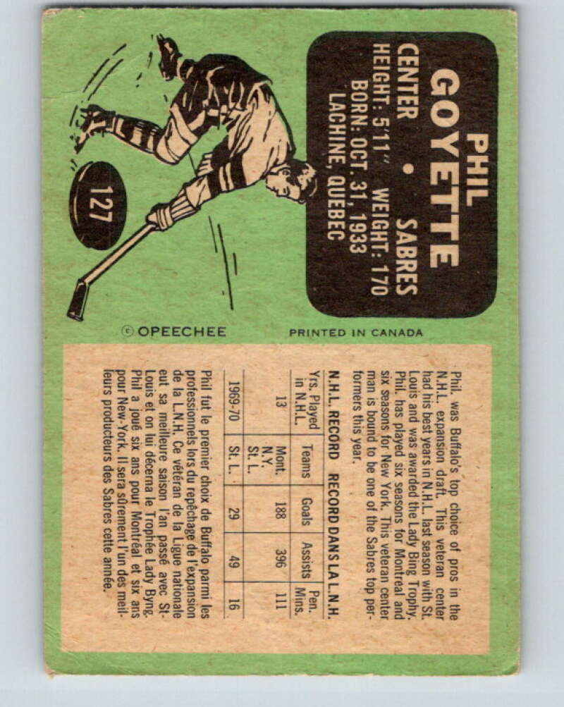 1970-71 O-Pee-Chee #127 Phil Goyette Buffalo Sabres V2694