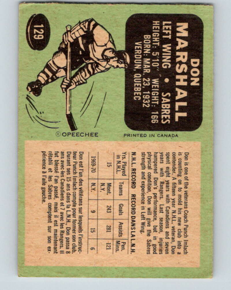 1970-71 O-Pee-Chee #129 Don Marshall Buffalo Sabres V2699