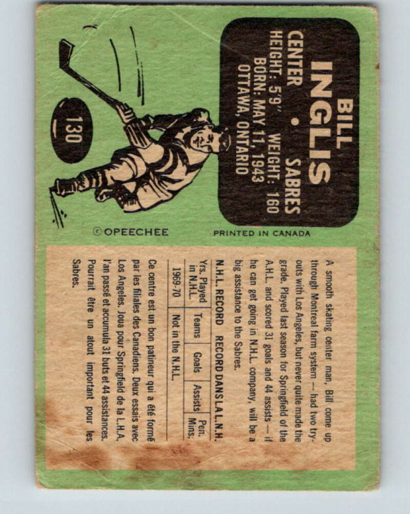 1970-71 O-Pee-Chee #130 Bill Inglis RC Rookie Buffalo Sabres V2701