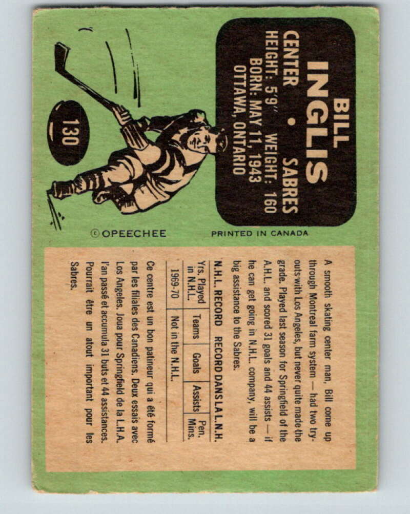 1970-71 O-Pee-Chee #130 Bill Inglis RC Rookie Buffalo Sabres V2702