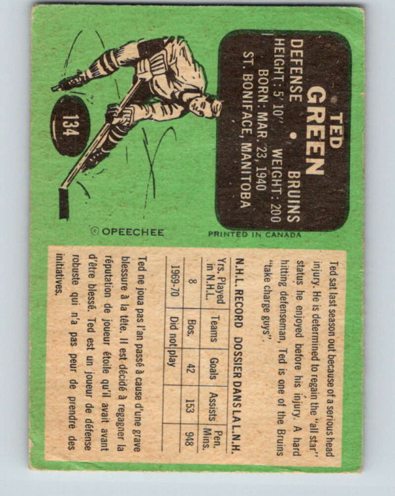1970-71 O-Pee-Chee #134 Ted Green Boston Bruins V2710