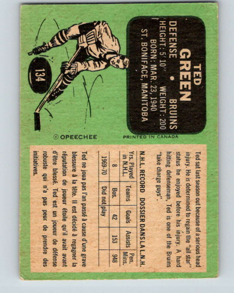 1970-71 O-Pee-Chee #134 Ted Green Boston Bruins V2711