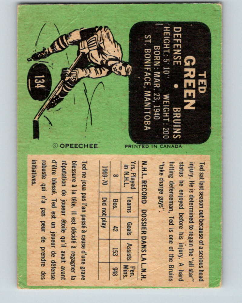 1970-71 O-Pee-Chee #134 Ted Green Boston Bruins V2712