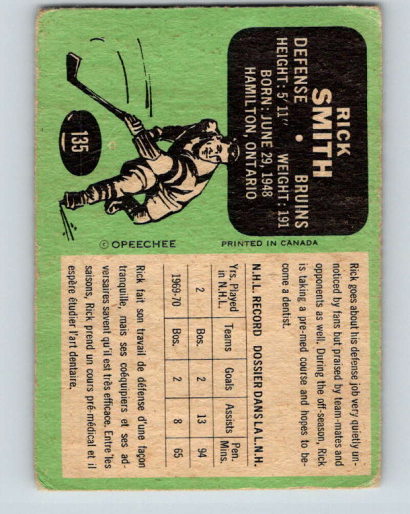 1970-71 O-Pee-Chee #135 Rick Smith RC Rookie Boston Bruins V2714