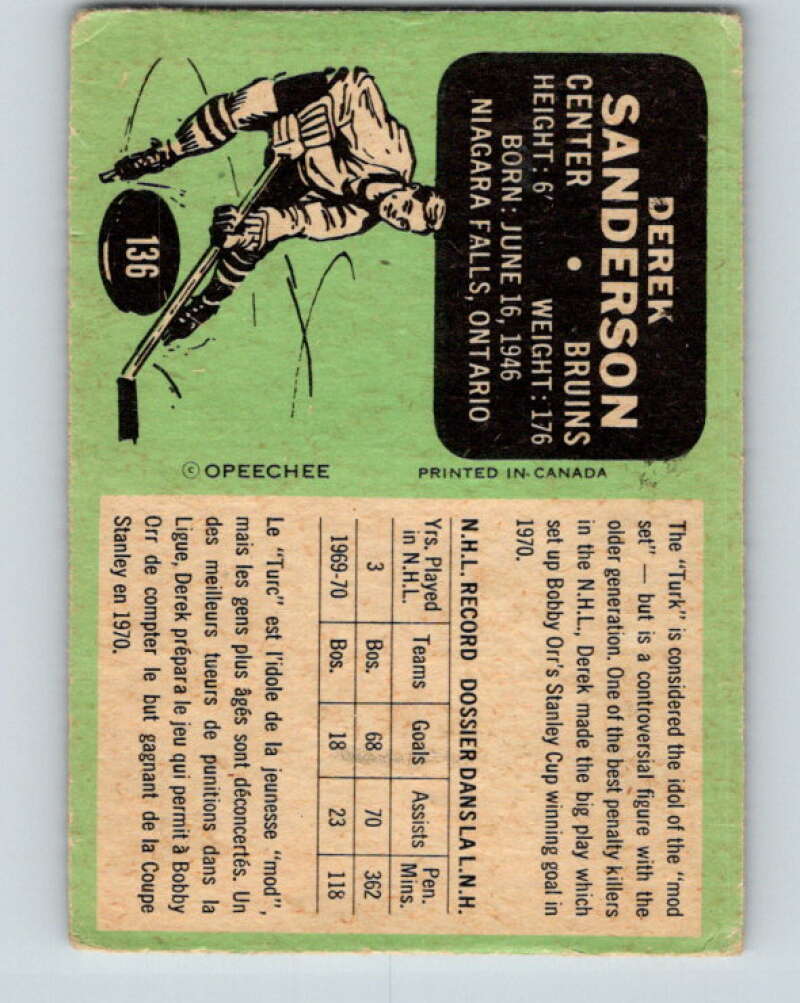1970-71 O-Pee-Chee #136 Derek Sanderson Boston Bruins V2715