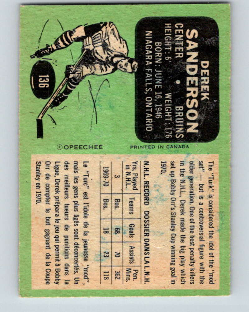 1970-71 O-Pee-Chee #136 Derek Sanderson Boston Bruins V2717