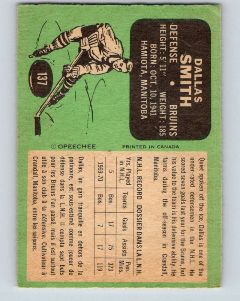 1970-71 O-Pee-Chee #137 Dallas Smith Boston Bruins V2722