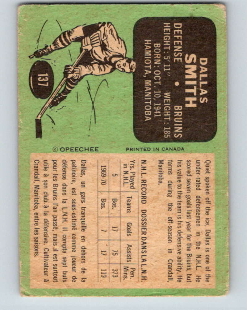1970-71 O-Pee-Chee #137 Dallas Smith Boston Bruins V2723